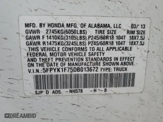 2013 Honda Ridgeline Sport with VIN 5FPYK1F75DB013672, listed as a Copart auction lot 47930245 with 175,093 mi miles and Salvage Title. Bid and sale history available at carsss.com. Image 13.