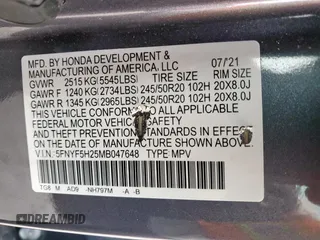 2021 Honda Pilot Special Edition with VIN 5FNYF5H25MB047648, listed as a Copart auction lot 49477835 with 31,900 mi miles and Salvage Title. Bid and sale history available at DreamBid. Image 14.