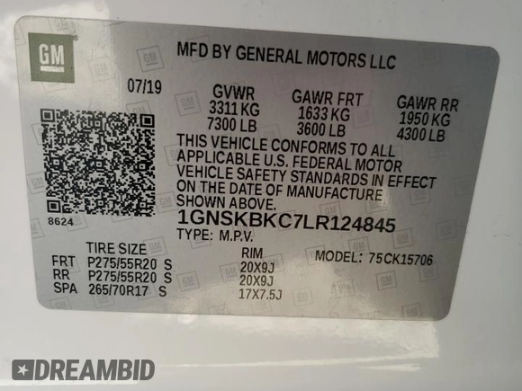 2020 Chevrolet Tahoe LT z VIN 1GNSKBKC7LR124845, wystawiony jako Copart lot #53354715 z przebiegiem Nie podano mil oraz Szkoda całkowita • Salvage title. Historia ofert i sprzedaży dostępna na DreamBid. Obrazek 14.