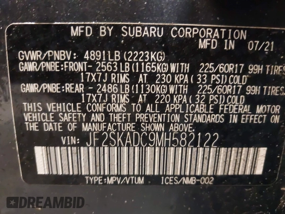 2021 Subaru Forester with VIN JF2SKADC9MH582122, listed as a IAAI auction lot 42033024 with 22,662 mi miles and . Bid and sale history available at DreamBid. Image 9.