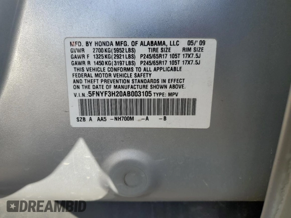 2010 Honda Pilot LX with VIN 5FNYF3H20AB003105, listed as a Copart auction lot 84690314 with 171,540 mi miles and Salvage title. Bid and sale history available at DreamBid. Image 15.