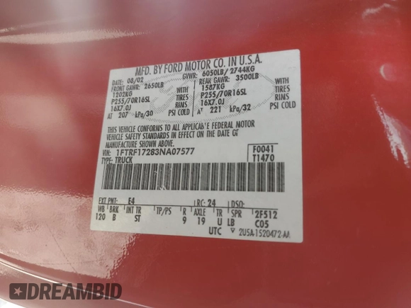 2003 Ford F-150 XL с VIN 1FTRF17283NA07577, выставлен на аукционе Copart как лот 58511645 с пробегом 203 833 миль миль и Списание • Salvage title. История ставок и продаж доступна на DreamBid. Изображение 12.
