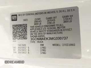 2021 Chevrolet Silverado 1500 Work Truck with VIN 3GCNWAEK3MG330737, listed as a IAAI auction lot 42027743 with 72,498 mi miles and . Bid and sale history available at DreamBid. Image 9.