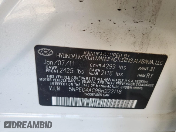 2011 Hyundai Sonata Limited with VIN 5NPEC4AC9BH222118, listed as a Copart auction lot 46674055 with 167,221 mi miles and Salvage Title. Bid and sale history available at carsss.com. Image 14.