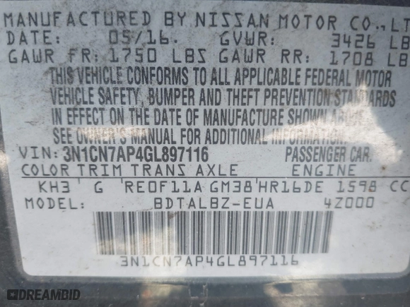 2016 Nissan Versa S with VIN 3N1CN7AP4GL897116, listed as a IAAI auction lot 41847501 with 145,799 mi miles. Bid and sale history available at carsss.com. Image 9.