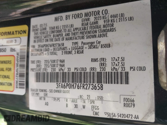 2015 Ford Fusion SE with VIN 3FA6P0H76FR273658, listed as a IAAI auction lot 42561488 with Not provided miles and . Bid and sale history available at DreamBid. Image 9.