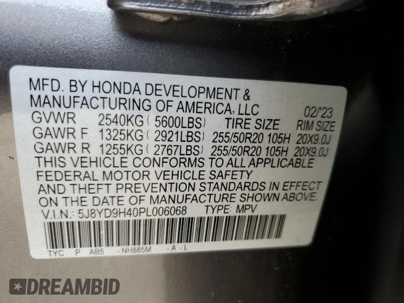 2023 Acura MDX Technology with VIN 5J8YD9H40PL006068, listed as a Copart auction lot 65587645 with 43,192 mi miles and Salvage title. Bid and sale history available at DreamBid. Image 13.