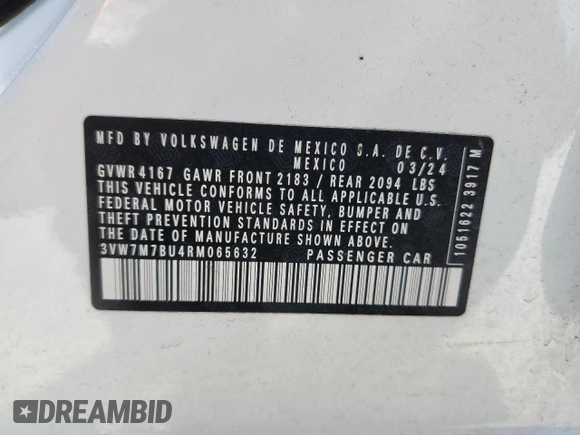 2024 Volkswagen Jetta SE z VIN 3VW7M7BU4RM065632, wystawiony jako Copart lot #53688545 z przebiegiem 18 766 mil mil oraz Szkoda całkowita • Salvage title. Historia ofert i sprzedaży dostępna na DreamBid. Obrazek 12.