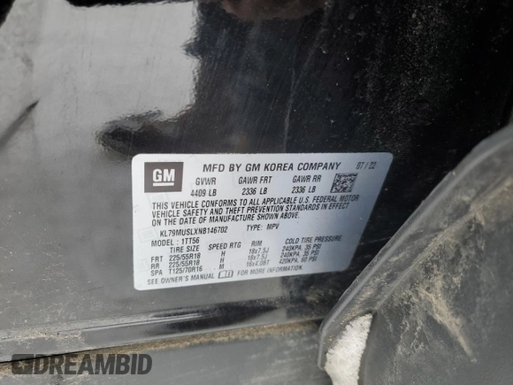 2022 Chevrolet TrailBlazer RS with VIN KL79MUSLXNB146702, listed as a Copart auction lot 45966015 with 46,000 mi miles and Salvage Title. Bid and sale history available at DreamBid. Image 14.