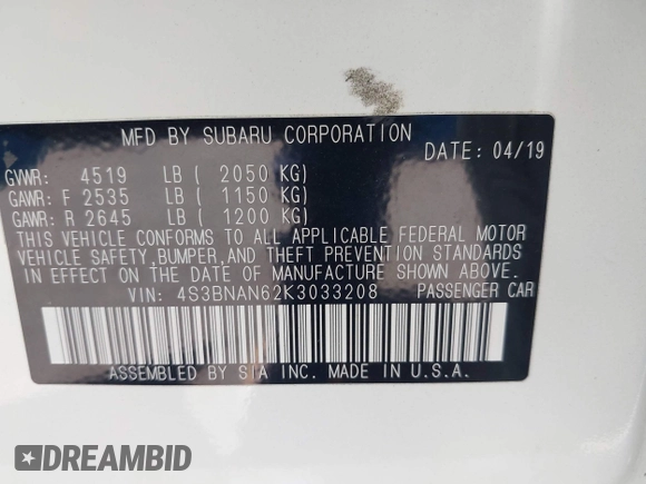 2019 Subaru Legacy Limited with VIN 4S3BNAN62K3033208, listed as a IAAI auction lot 42313594 with 16,470 mi miles and . Bid and sale history available at DreamBid. Image 9.