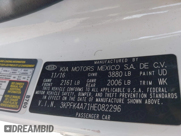 2017 Kia Forte LX with VIN 3KPFK4A71HE082296, listed as a IAAI auction lot 41860381 with 84,130 mi miles. Bid and sale history available at carsss.com. Image 9.