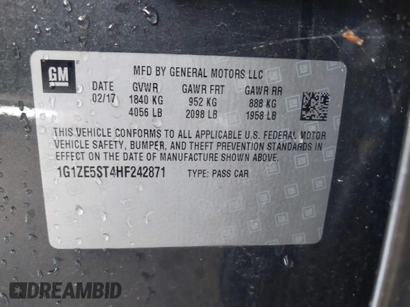 2017 Chevrolet Malibu LT with VIN 1G1ZE5ST4HF242871, listed as a IAAI auction lot 39338550 with 120,604 mi miles and . Bid and sale history available at DreamBid. Image 9.