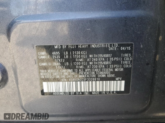 2015 Subaru Outback Premium with VIN 4S4BSACC5F3328810, listed as a Copart auction lot 53427855 with 149,432 mi miles and Salvage Title. Bid and sale history available at DreamBid. Image 13.