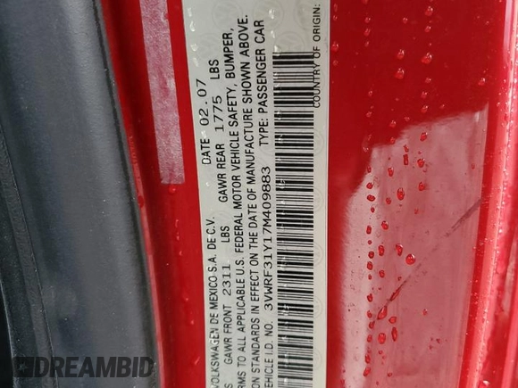2007 Volkswagen Beetle with VIN 3VWRF31Y17M409883, listed as a Copart auction lot 87929475 with 55,436 mi miles and Salvage Title. Bid and sale history available at DreamBid. Image 13.