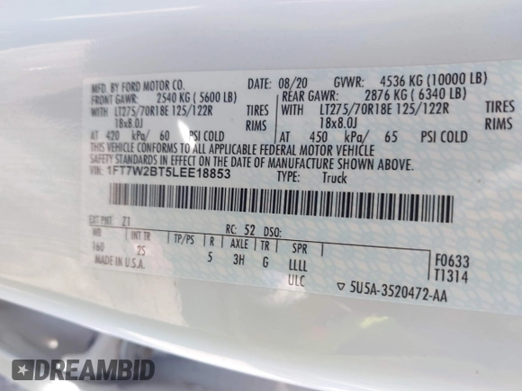 2020 Ford F-250 XL with VIN 1FT7W2BT5LEE18853, listed as a IAAI auction lot 42293237 with 198,919 mi miles and . Bid and sale history available at DreamBid. Image 9.