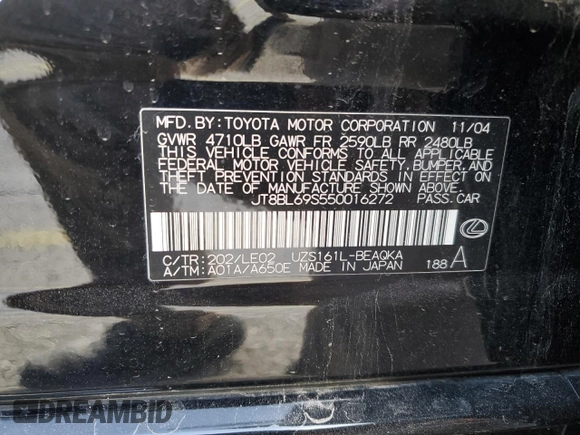 2005 Lexus GS 430 with VIN JT8BL69S550016272, listed as a Copart auction lot 51989095 with 180,587 mi miles and Salvage Title. Bid and sale history available at DreamBid. Image 12.