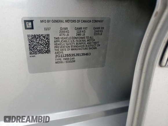 2018 Chevrolet Impala Premier with VIN 2G1125S35J9139463, listed as a Copart auction lot 63001745 with 70,248 mi miles and Salvage title. Bid and sale history available at DreamBid. Image 12.