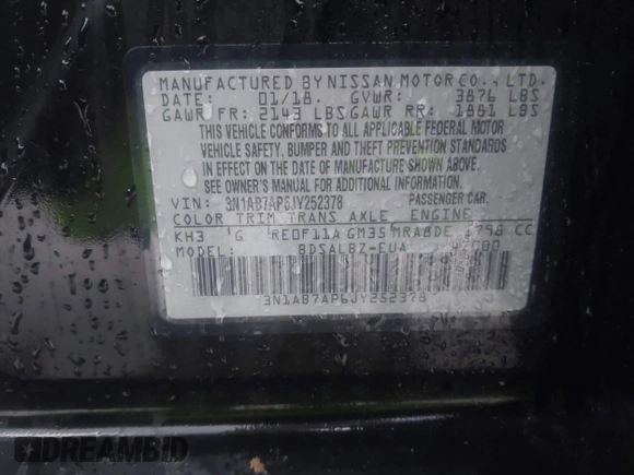 2018 Nissan Sentra S z VIN 3N1AB7AP6JY252378, wystawiony jako IAAI lot #42183882 z przebiegiem 121 473 mil mil oraz . Historia ofert i sprzedaży dostępna na DreamBid. Obrazek 9.