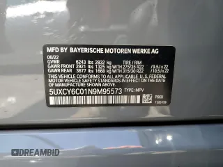 2022 BMW X6 xDrive40i z VIN 5UXCY6C01N9M95573, wystawiony jako Copart lot #54049805 z przebiegiem 24 031 mil mil oraz Szkoda całkowita • Salvage title. Historia ofert i sprzedaży dostępna na DreamBid. Obrazek 14.