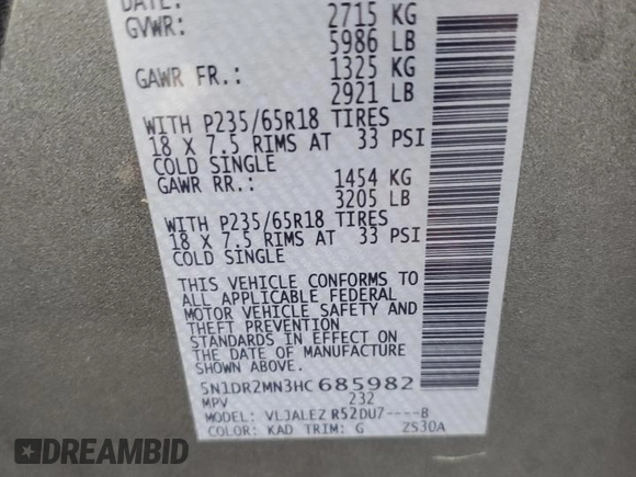 2017 Nissan Pathfinder SV z VIN 5N1DR2MN3HC685982, wystawiony jako Copart lot #43090195 z przebiegiem 163 316 mil mil oraz Tytuł czysty. Historia ofert i sprzedaży dostępna na DreamBid. Obrazek 13.