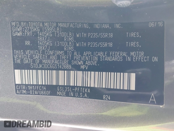 2016 Toyota Sienna LE with VIN 5TDJK3DC6GS142669, listed as a IAAI auction lot 41436771 with 135,715 mi miles. Bid and sale history available at carsss.com. Image 9.