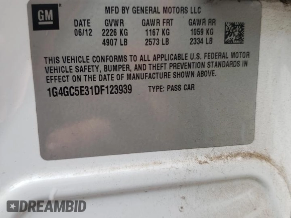 2013 Buick LaCrosse Leather with VIN 1G4GC5E31DF123939, listed as a Copart auction lot 61789015 with 161,686 mi miles and Salvage title. Bid and sale history available at DreamBid. Image 12.