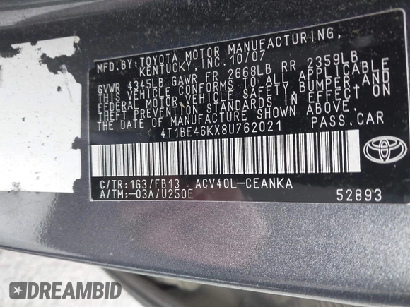 2008 Toyota Camry LE z VIN 4T1BE46KX8U762021, wystawiony jako IAAI lot #42072732 z przebiegiem 153 646 mil mil oraz . Historia ofert i sprzedaży dostępna na DreamBid. Obrazek 9.