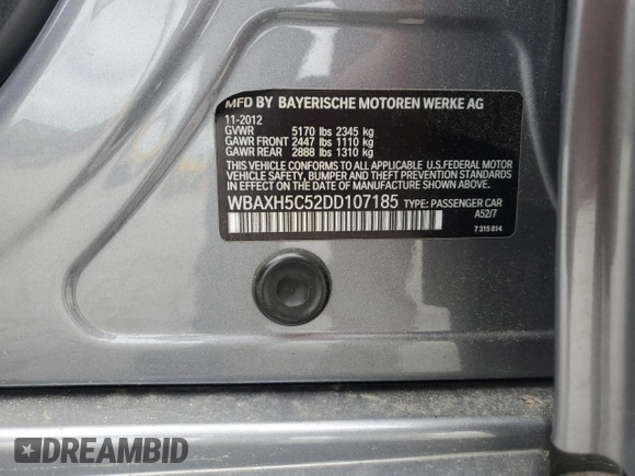 2013 BMW 5 Series 528i xDrive z VIN WBAXH5C52DD107185, wystawiony jako Copart lot #56582315 z przebiegiem 114 550 mil mil oraz Czysty tytuł • Clean title. Historia ofert i sprzedaży dostępna na DreamBid. Obrazek 12.