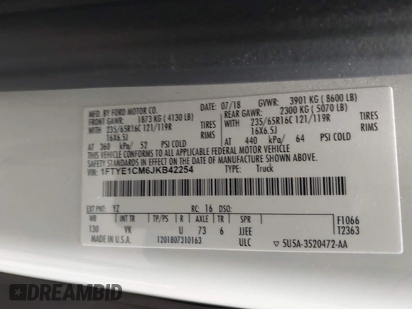2018 Ford Transit с VIN 1FTYE1CM6JKB42254, выставлен на аукционе IAAI как лот 42615585 с пробегом 109 806 миль миль и . История ставок и продаж доступна на DreamBid. Изображение 9.