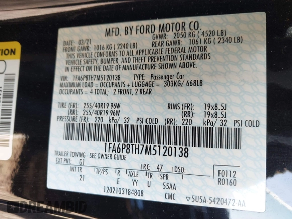 2021 Ford Mustang EcoBoost with VIN 1FA6P8TH7M5120138, listed as a IAAI auction lot 41280669 with 46,850 mi miles. Bid and sale history available at carsss.com. Image 9.