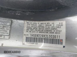 2002 Honda Civic EX with VIN 1HGEM229X2L003511, listed as a IAAI auction lot 42102885 with 146,111 mi miles and . Bid and sale history available at DreamBid. Image 9.