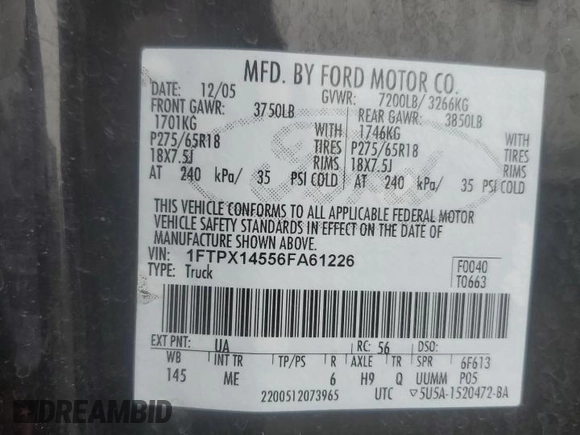 2006 Ford F-150 XLT with VIN 1FTPX14556FA61226, listed as a Copart auction lot 50329635 with 169,693 mi miles and Salvage Title. Bid and sale history available at carsss.com. Image 14.