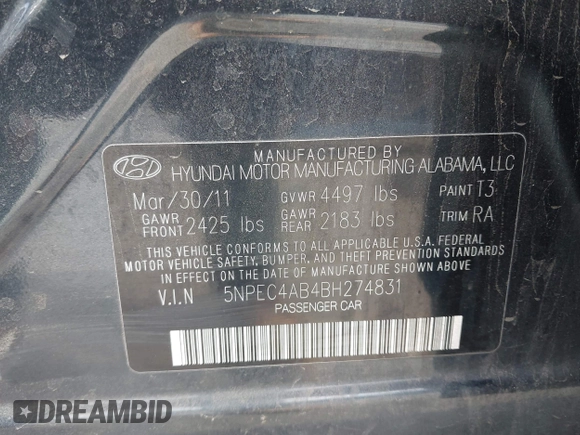 2011 Hyundai Sonata Limited with VIN 5NPEC4AB4BH274831, listed as a IAAI auction lot 42125816 with 174,999 mi miles and . Bid and sale history available at DreamBid. Image 9.
