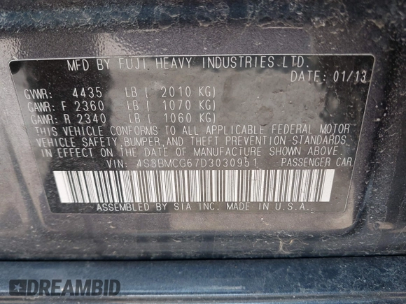 2013 Subaru Legacy Special Sports with VIN 4S3BMCG67D3030951, listed as a IAAI auction lot 41934624 with 136,762 mi miles and . Bid and sale history available at DreamBid. Image 9.