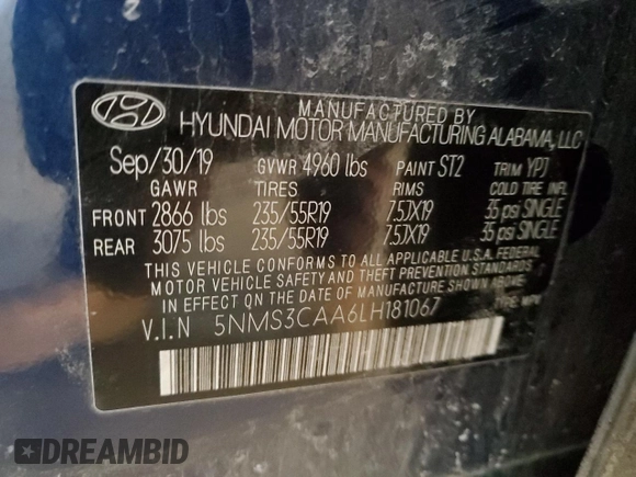 2020 Hyundai Santa Fe SEL with VIN 5NMS3CAA6LH181067, listed as a Copart auction lot 42020445 with 87,418 mi miles and Salvage Title. Bid and sale history available at carsss.com. Image 12.