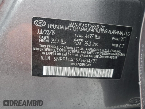 2019 Hyundai Sonata SEL with VIN 5NPE34AF9KH814791, listed as a Copart auction lot 44158555 with 54,496 mi miles and Salvage Title. Bid and sale history available at DreamBid. Image 12.