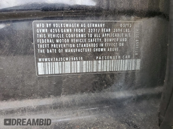 2012 Volkswagen Golf GTI with VIN WVWGV7AJ3CW296519, listed as a Copart auction lot 61368815 with 150,122 mi miles and Salvage title. Bid and sale history available at DreamBid. Image 12.