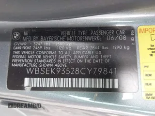 2008 BMW 6 Series M6 with VIN WBSEK93528CY79841, listed as a IAAI auction lot 41387298 with 108,103 mi miles. Bid and sale history available at carsss.com. Image 9.