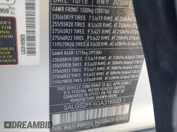 2016 Land Rover Range Rover HSE with VIN SALGS2PFXGA316503, listed as a Copart auction lot 46084185 with 134,994 mi miles and Salvage title. Bid and sale history available at DreamBid. Image 13.