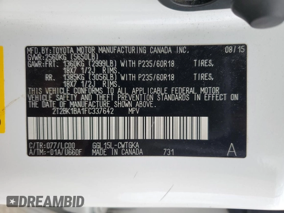 2015 Lexus RX 350 with VIN 2T2BK1BA1FC337642, listed as a Copart auction lot 57778545 with 148,698 mi miles and Salvage title. Bid and sale history available at DreamBid. Image 12.