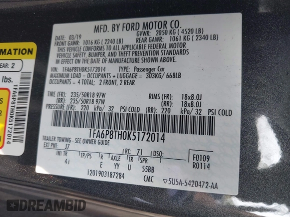 2019 Ford Mustang EcoBoost with VIN 1FA6P8TH0K5172014, listed as a IAAI auction lot 42468638 with 66,830 mi miles and . Bid and sale history available at DreamBid. Image 9.