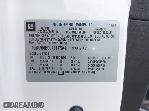 2010 GMC Acadia SLT1 with VIN 1GKLVMED9AJ147340, listed as a IAAI auction lot 42495295 with 140,122 mi miles and . Bid and sale history available at DreamBid. Image 9.