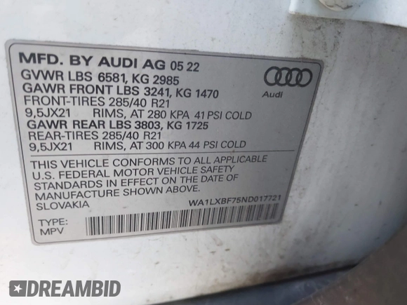 2022 Audi Q7 Premium Plus with VIN WA1LXBF75ND017721, listed as a IAAI auction lot 40819509 with 33,234 mi miles and . Bid and sale history available at DreamBid. Image 9.