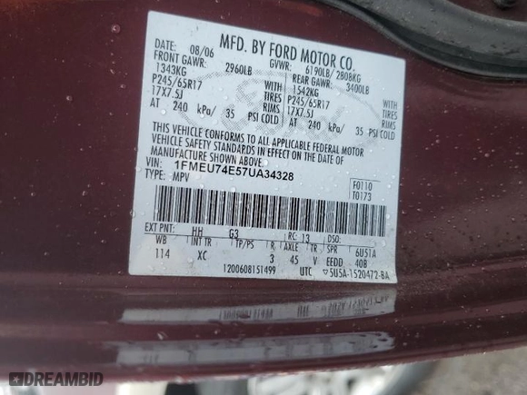 2007 Ford Explorer Eddie Bauer with VIN 1FMEU74E57UA34328, listed as a Copart auction lot 84671344 with 196,146 mi miles and Salvage Title. Bid and sale history available at carsss.com. Image 13.