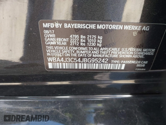 2018 BMW 4 Series 430i xDrive with VIN WBA4J3C54JBG95242, listed as a IAAI auction lot 41180565 with 83,710 mi miles and . Bid and sale history available at DreamBid. Image 9.