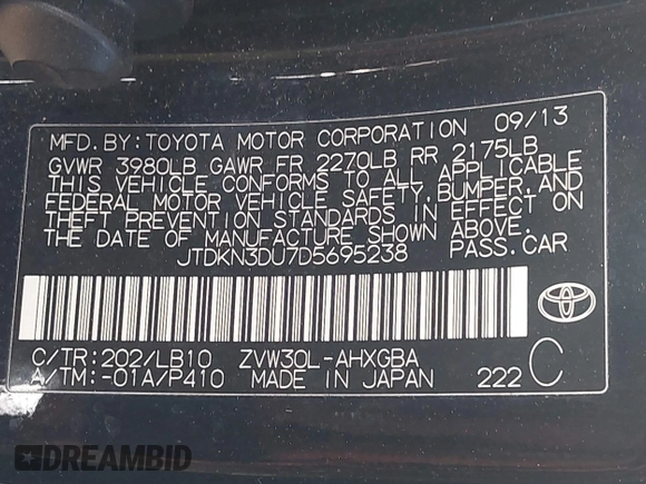 2013 Toyota Prius One with VIN JTDKN3DU7D5695238, listed as a IAAI auction lot 42034921 with 113,383 mi miles. Bid and sale history available at carsss.com. Image 9.