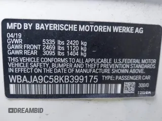 2019 BMW 5 Series 530e with VIN WBAJA9C58KB399175, listed as a IAAI auction lot 41697211 with Not provided miles and . Bid and sale history available at DreamBid. Image 9.