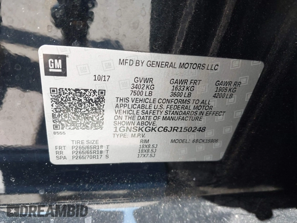 2018 Chevrolet Suburban LS z VIN 1GNSKGKC6JR150248, wystawiony jako IAAI lot #42219120 z przebiegiem 48 321 mil mil oraz . Historia ofert i sprzedaży dostępna na DreamBid. Obrazek 9.