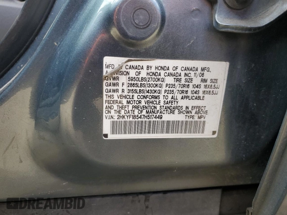 2007 Honda Pilot EX-L with VIN 2HKYF18547H517449, listed as a Copart auction lot 57093925 with 211,876 mi miles and Clean Title. Bid and sale history available at DreamBid. Image 13.