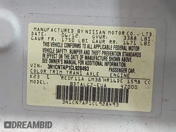 2012 Nissan Versa SV with VIN 3N1CN7AP1CL928493, listed as a IAAI auction lot 42417672 with 140,687 mi miles and . Bid and sale history available at DreamBid. Image 9.